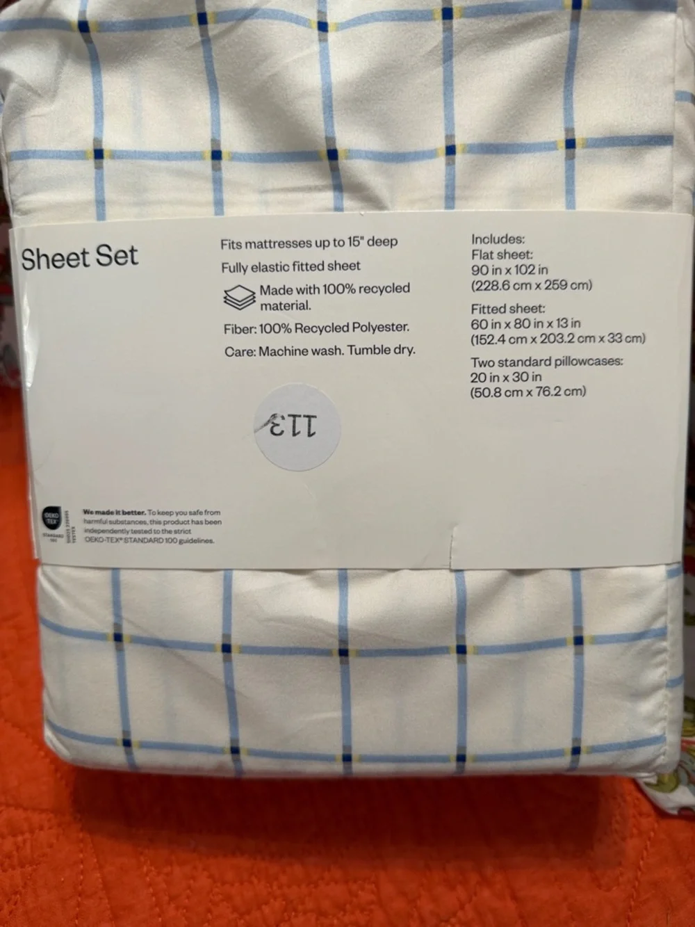 Room Essentials White Sheet Set with Light Blue Windowpane Queen size Set